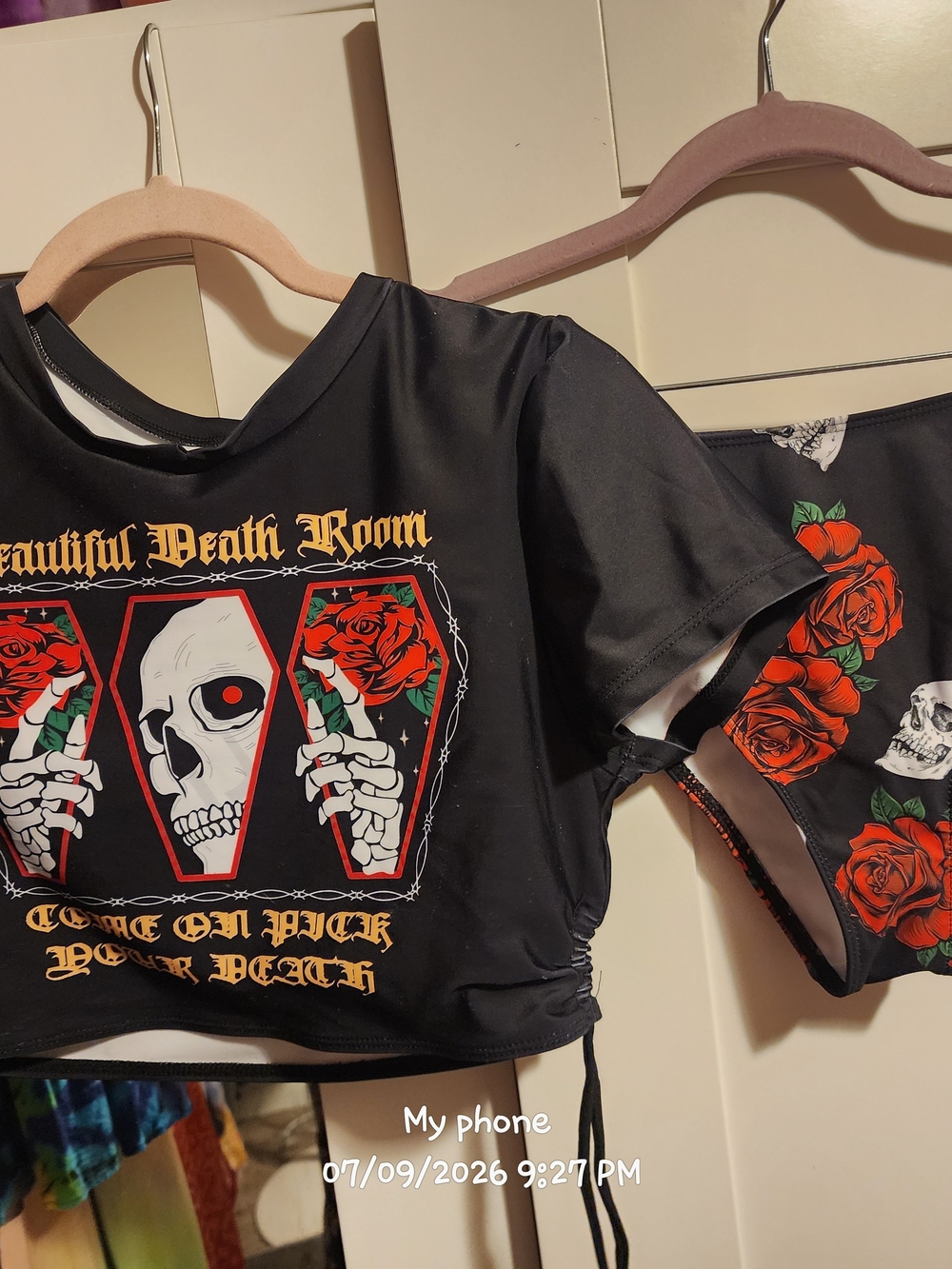 ROMWE Black Bikini Set with Red Rose & Skull Print